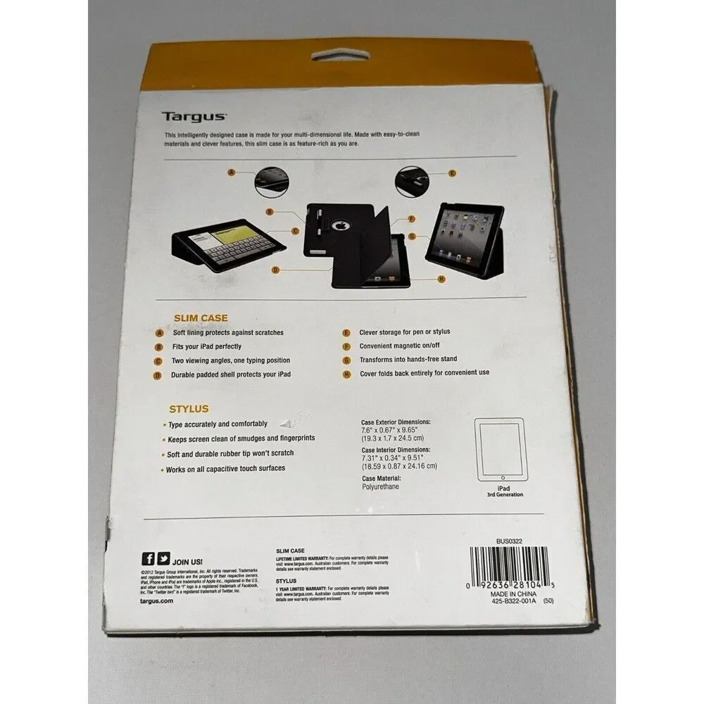 Targus Slim‎ Case & Stylus for Ipad 3rd Generation Magnetic On Red